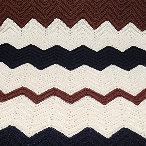 Other - Vtg Handmade Afghan Knit Blanket 68 x 41 Zig Zag Brown White Black